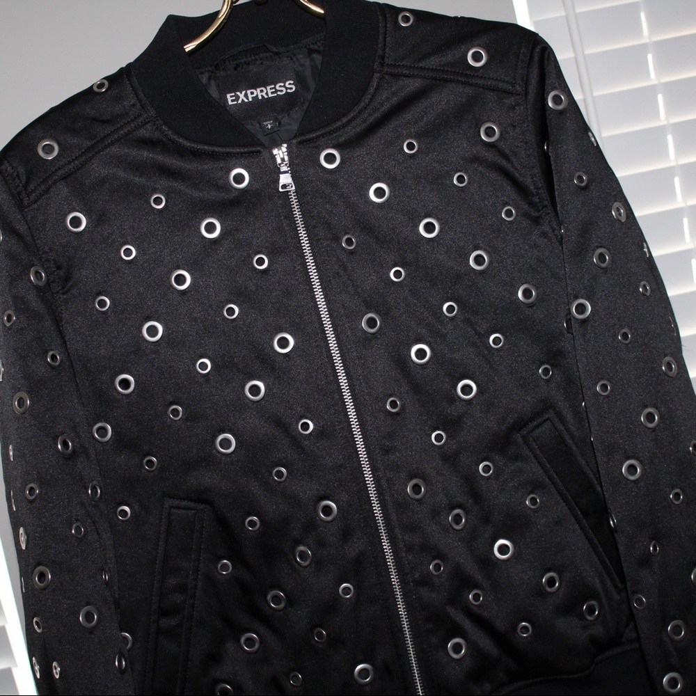 Express Black Eyelet Bomber Jacket - Picture 12 of 15